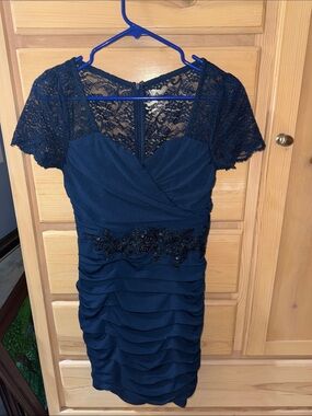Nikibiki Navy Lace Ruched Midi Dress with Beaded Waist